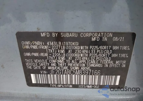 2021 Subaru Crosstrek z USA, uszkodzony, nr VIN JF2GTABC5M8397166